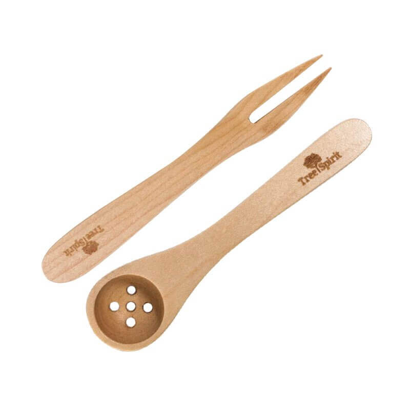 TreeSpirit 2-Piece Olive Set Featuring a 6" Olive Spoon with Holes and a 6" Olive Fork with 2 Tines.