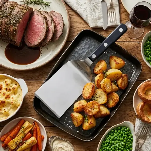 3" - 4" x 5" Flared Turner with a Black POM Handle Featured with a Dinner Roast and Veggies.