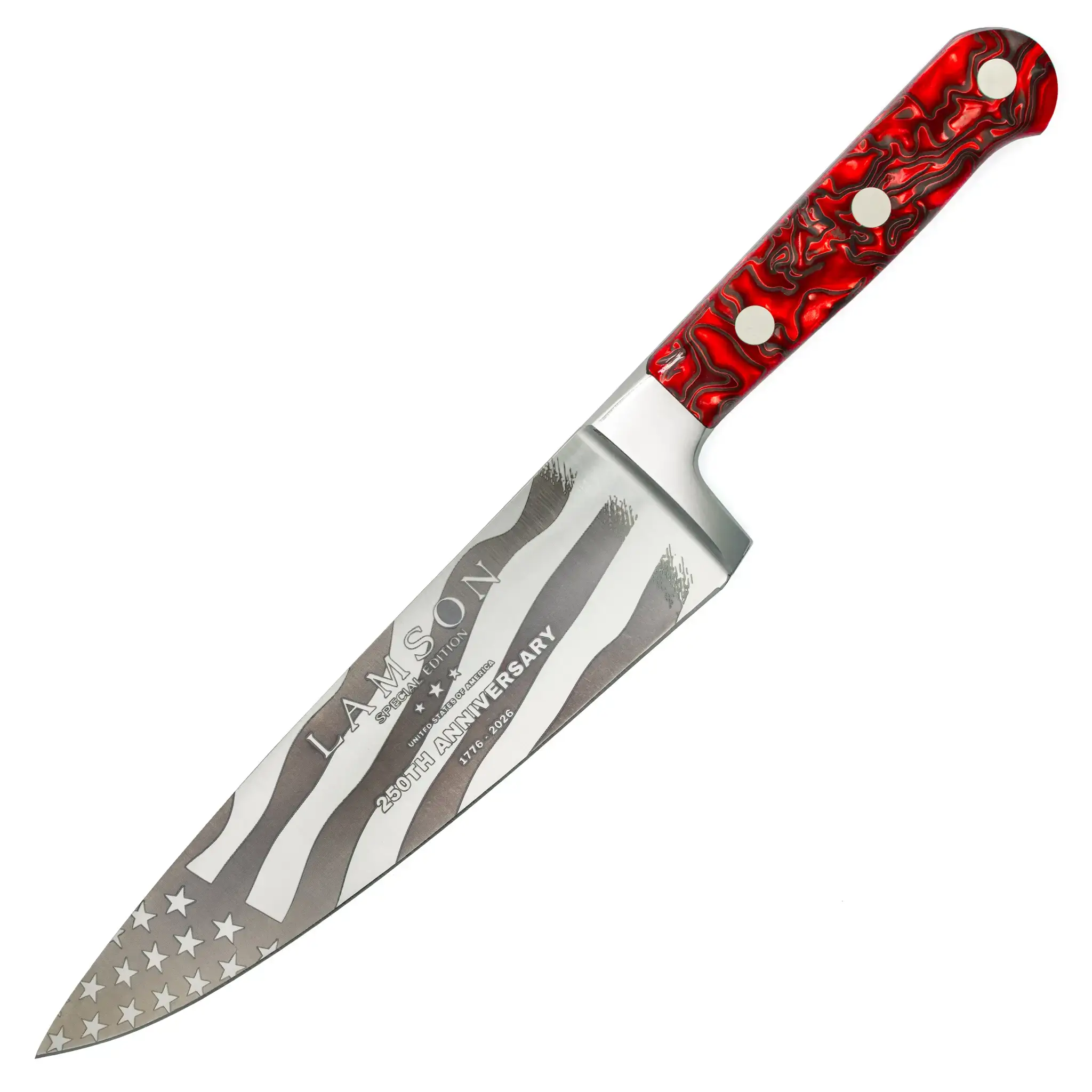 8" Premier Forged Chef's Knife, Red With Special Edition America's 250th detailed laser.