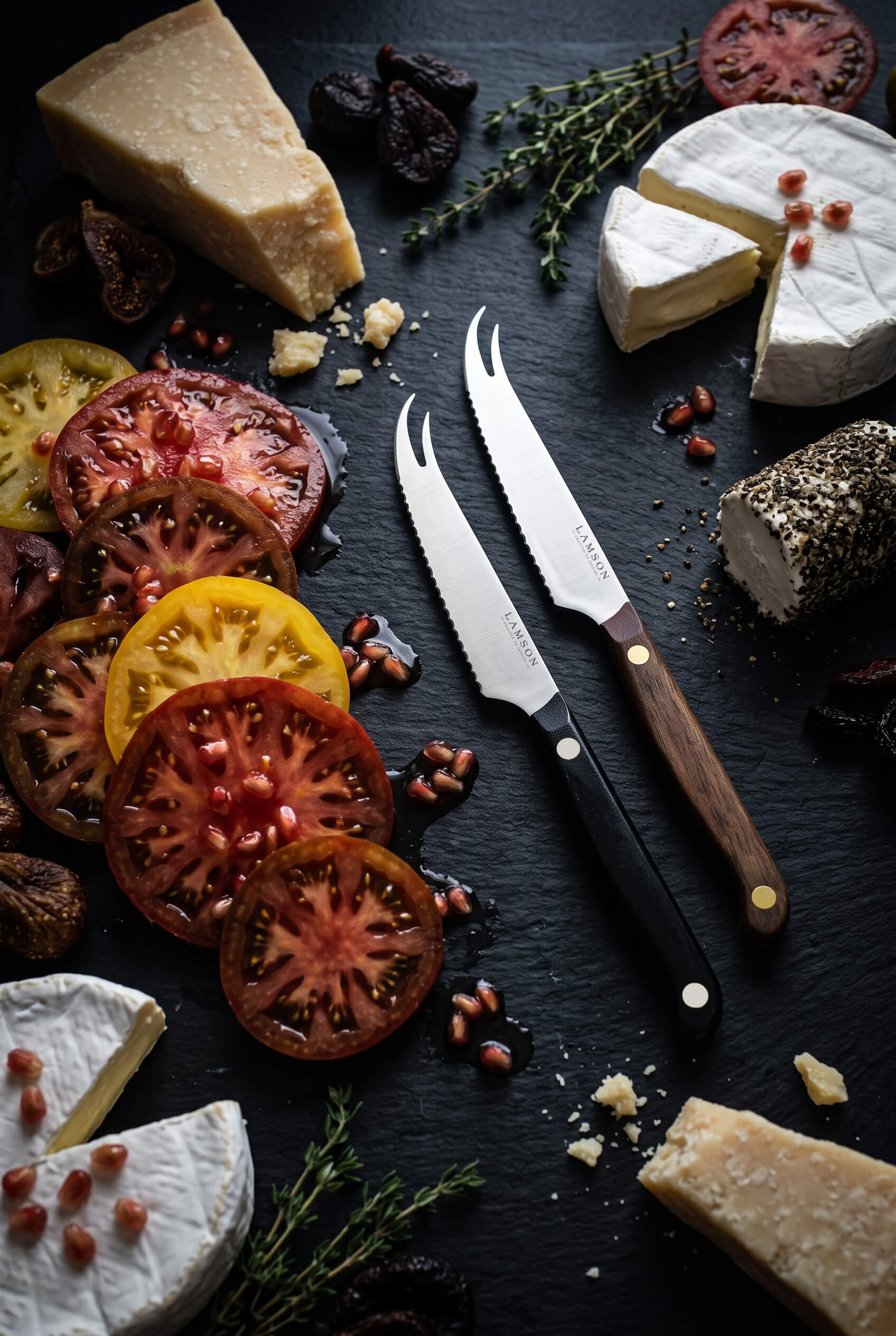 Vintage Tomato and Cheese Knife Launch in Rich Walnut and Modern G-10 Handles with cut heirloom tomatoes and artisan cheeses.